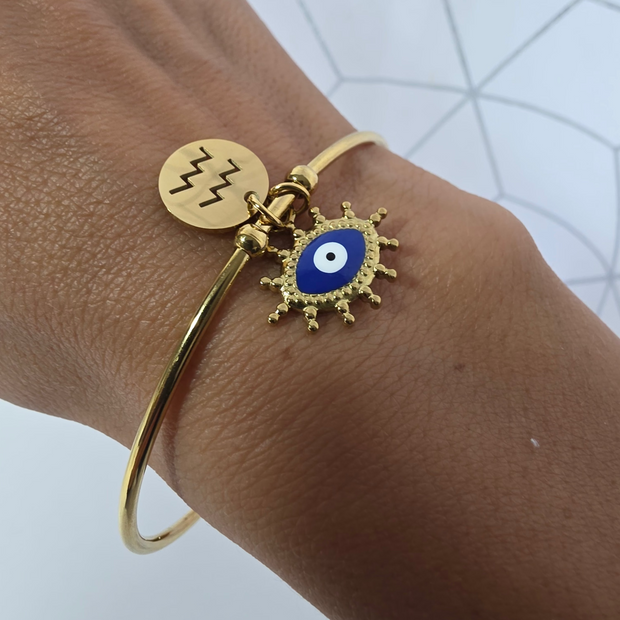 Jonc signe astrologique dore oeil bleue protecteur acier inoxydable. Creation therapietra