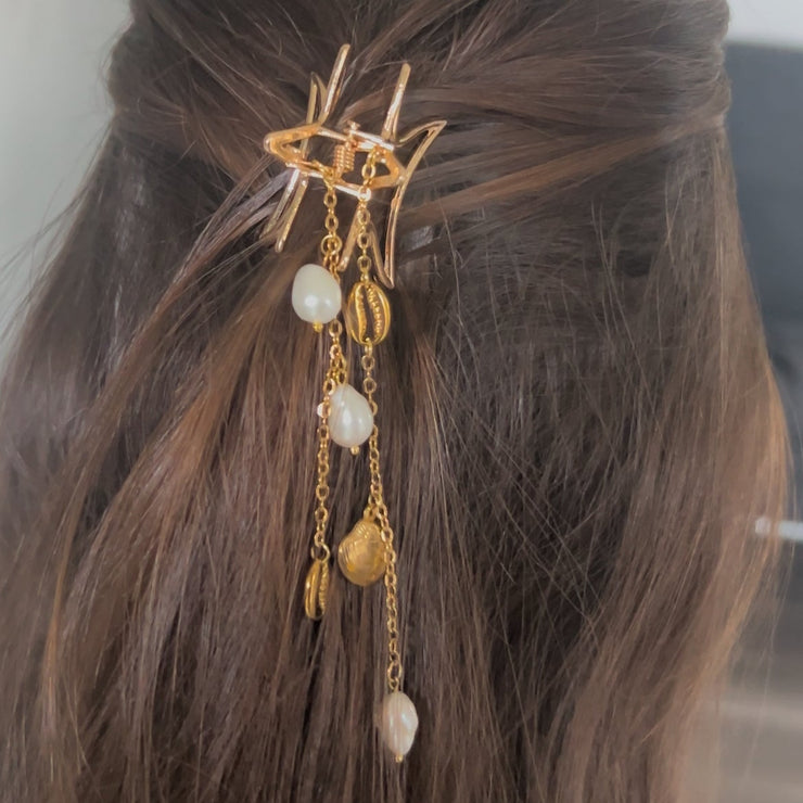 Pince à cheveux Summer Bohème, accessoire doré au style estival et naturel, création Therapietra.
